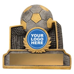 Two tone soccer ball with a goal trophy with centre logo insert, textured panels, and front engraving plate.
