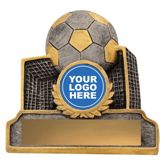 Two tone soccer ball with a goal trophy with centre logo insert, textured panels, and front engraving plate.