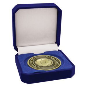 Gold soccer medal with central football and laurel wreath border displayed inside a blue velvet presentation box.