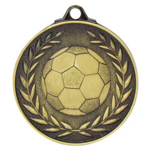 Antique gold soccer medal with raised football centred inside laurel wreath border and top loop.