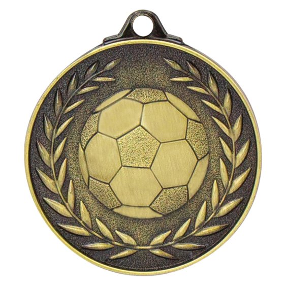 Antique gold soccer medal with raised football centred inside laurel wreath border and top loop.