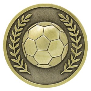 Gold soccer medal with central football and laurel wreath border.
