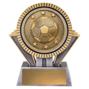 Silver and gold soccer trophy with raised ball medallion design on rectangular base.