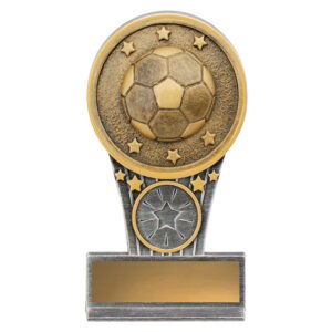 Two tone soccer trophy with raised ball medallion and star details on rectangular base.