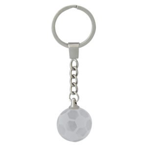 Silver metal keyring with short chain attachment and matte soccer ball charm featuring subtle hexagon panel detailing