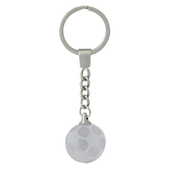 Silver metal keyring with short chain attachment and matte soccer ball charm featuring subtle hexagon panel detailing