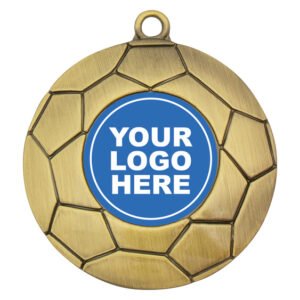Gold soccer medal with full ball panel pattern background and circular centre logo insert.