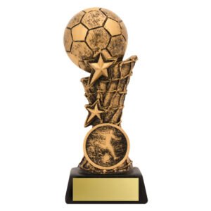 Antique gold soccer trophy with ball and star column design on black base.