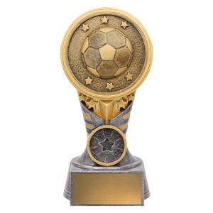 Small gold soccer trophy with round top featuring raised soccer ball and stars, mounted on silver and gold column with black base and blank nameplate.