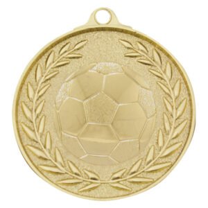 Gold soccer medal with raised ball, curved swirl background, and three stars on left side.