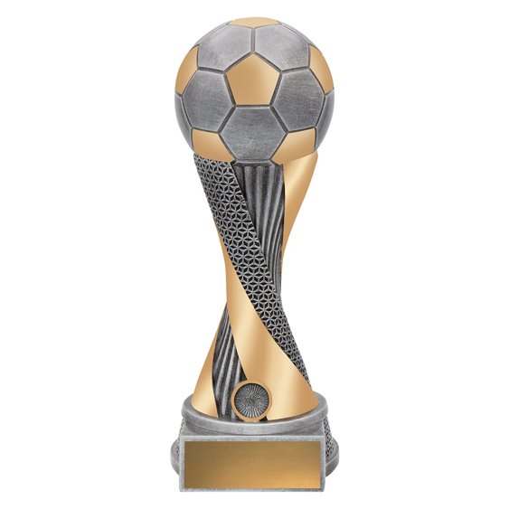 Extra extra large soccer trophy with silver and gold soccer ball top, twisted gold and textured silver column, round base, and blank gold nameplate.