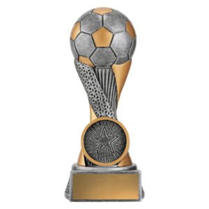 Extra extra small soccer trophy with silver and gold soccer ball top, twisted gold and textured silver column, round base, and blank gold nameplate.