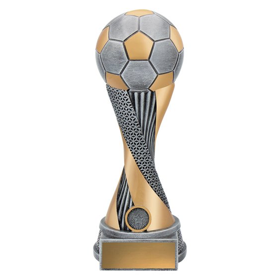 Extra large soccer trophy with silver and gold soccer ball top, twisted gold and textured silver column, round base, and blank gold nameplate.