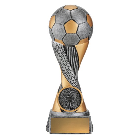 Extra small soccer trophy with silver and gold soccer ball top, twisted gold and textured silver column, round base, and blank gold nameplate.