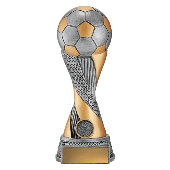 Large soccer trophy with silver and gold soccer ball top, twisted gold and textured silver column, round base, and blank gold nameplate.