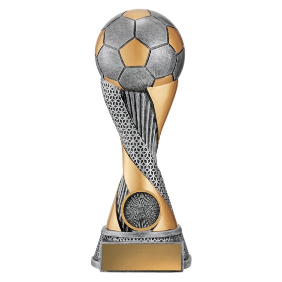 Medium soccer trophy with silver and gold soccer ball top, twisted gold and textured silver column, round base, and blank gold nameplate.