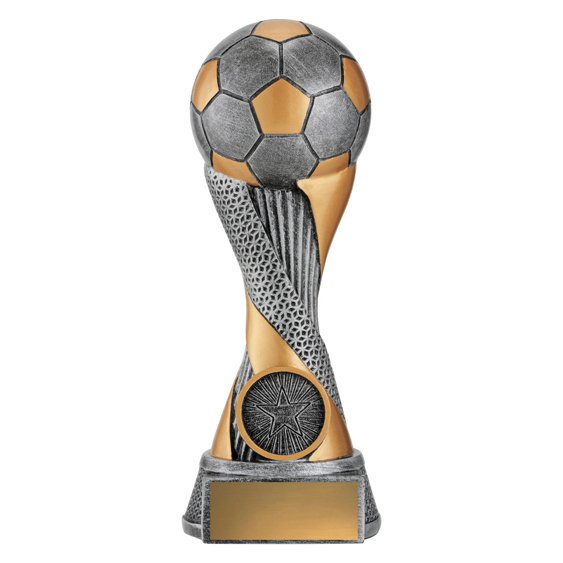 Small soccer trophy with silver and gold soccer ball top, twisted gold and textured silver column, round base, and blank gold nameplate.