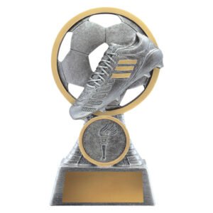 Small silver and gold soccer trophy with detailed football and boot set inside circular frame, front insert position and gold engraving plate on textured base.
