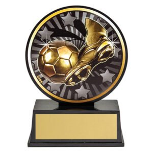 Gold and black soccer trophy with boot and ball design on circular disk and black base.