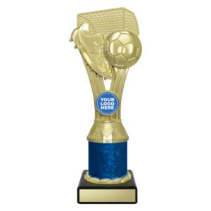 Medium gold soccer trophy with boot, ball and goal on top of a blue column and black base with engraving plate