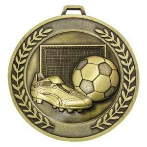 Gold soccer medal with boot, ball, goal net, and laurel leaf border design.