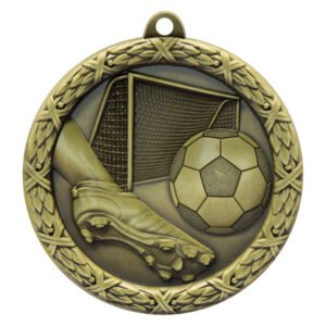 Antique gold soccer medal with boot, ball, goal net, and laurel wreath border with ribbon loop at top.