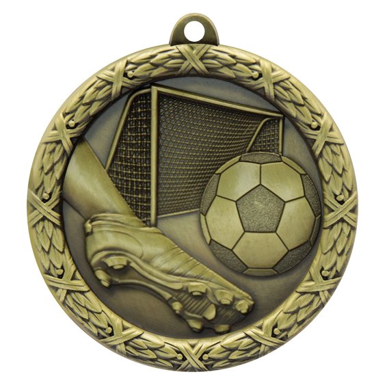 Antique gold soccer medal with boot, ball, goal net, and laurel wreath border with ribbon loop at top.