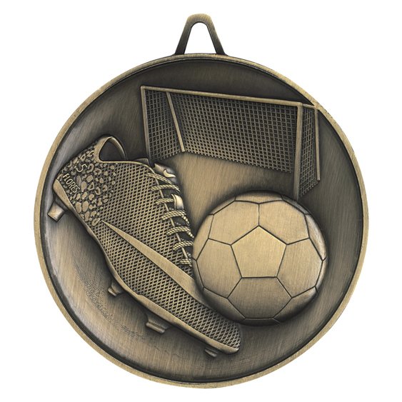 Antique bronze soccer medal with boot, ball, and goal net design with ribbon loop at top.