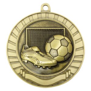 Gold soccer medal with boot, ball, goal net, circular border pattern, and blank banner panel at bottom.