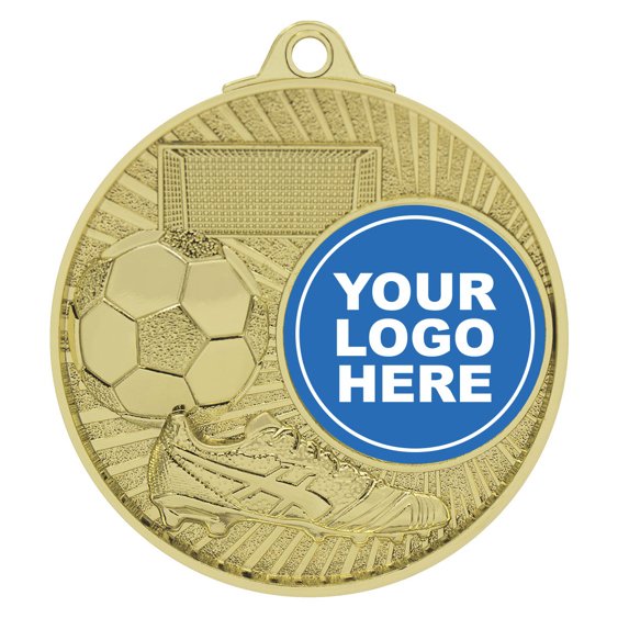 Gold soccer medal with boot, ball, goal net, radial background design, and centre logo insert.