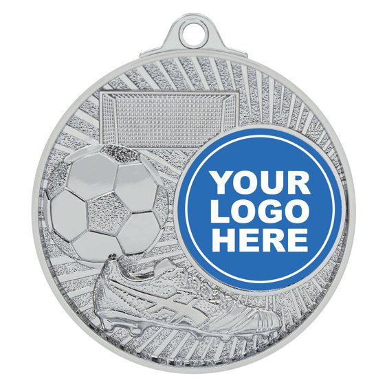 Silver soccer medal with boot, ball, goal net, radial background design, and centre logo insert.