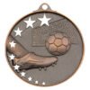 Bronze soccer medal with boot, ball, goal net, and star arc design with ribbon loop at top.