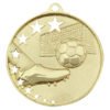 Gold soccer medal with boot, ball, goal net, and star arc design with ribbon loop at top.