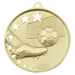 Gold soccer medal with boot, ball, goal net, and star arc design with ribbon loop at top.