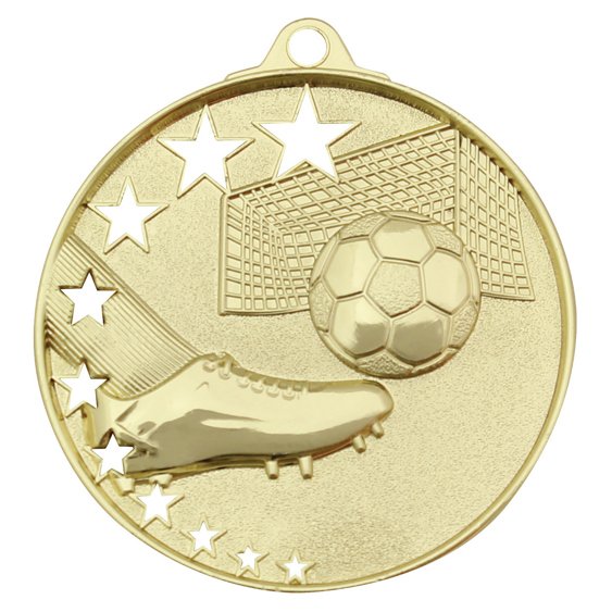 Gold soccer medal with boot, ball, goal net, and star arc design with ribbon loop at top.