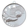 Silver soccer medal with boot, ball, goal net, and star arc design with ribbon loop at top.