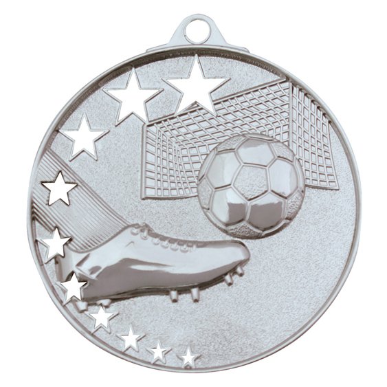 Silver soccer medal with boot, ball, goal net, and star arc design with ribbon loop at top.