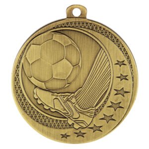 Gold soccer medal with boot, ball, goal net, and star design with ribbon loop at top.