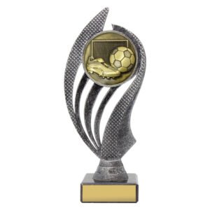 Small soccer trophy with silver flame shaped frame, gold boot and ball in front of goal net, and blank gold nameplate on black base.