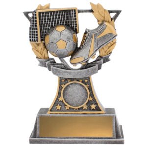Two tone soccer trophy with boot, ball, and goal design and front engraving plate.