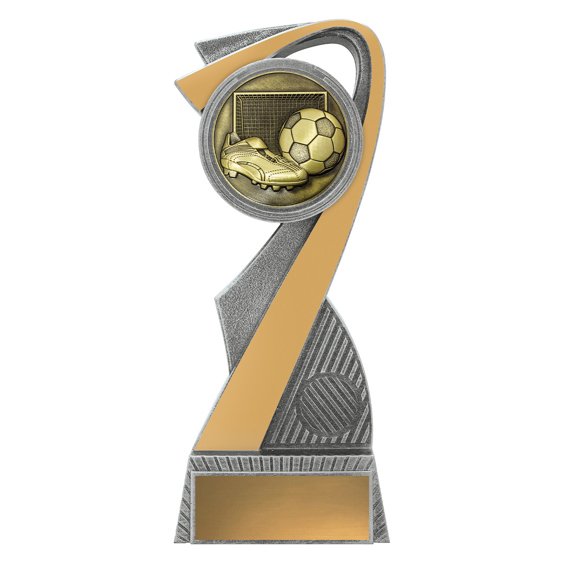 Extra large soccer trophy with gold boot and ball in front of goal net, silver and gold Z shaped frame, and blank gold nameplate.