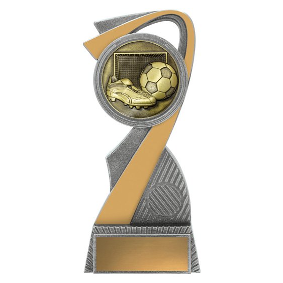 Large soccer trophy with gold boot and ball in front of goal net, silver and gold Z shaped frame, and blank gold nameplate.