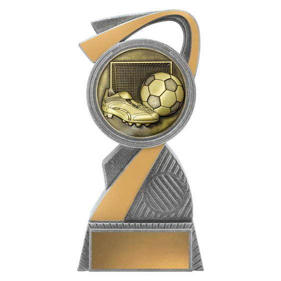 Medium soccer trophy with gold boot and ball in front of goal net, silver and gold Z shaped frame, and blank gold nameplate.