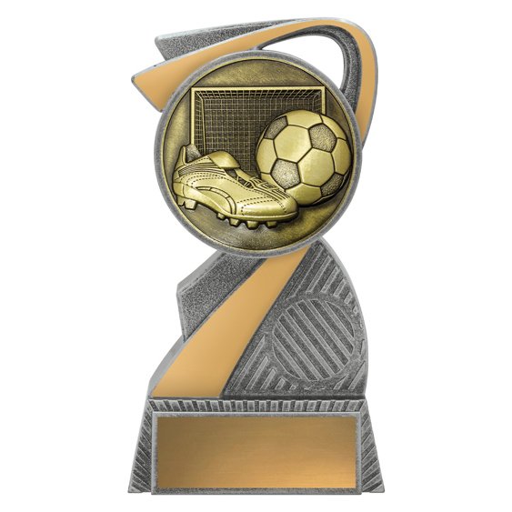 Small soccer trophy with gold boot and ball in front of goal net, silver and gold Z shaped frame, and blank gold nameplate.
