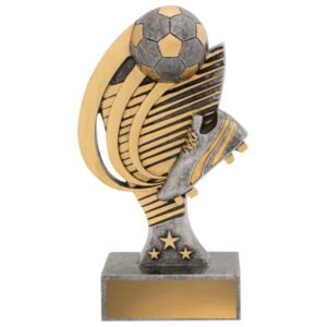 Two tone soccer trophy with boot and ball design and curved striped column on black base.