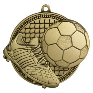 Gold soccer medal with layered boot and ball design over goal net background and ribbon loop at top.
