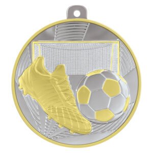 Two tone soccer medal with gold boot, silver and gold ball, and goal net background with ribbon loop at top.