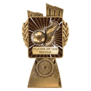Antique gold soccer trophy with boot and ball design and Player of the Match text on base.