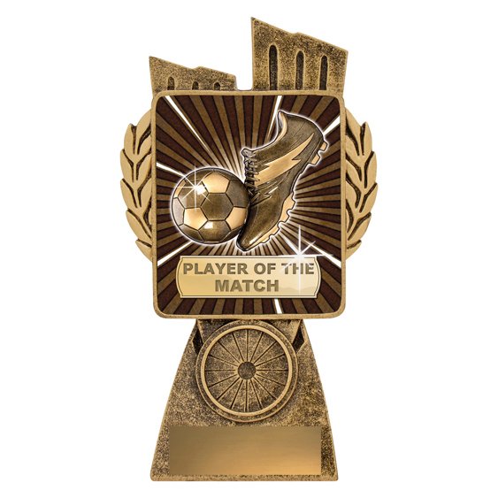 Antique gold soccer trophy with boot and ball design and Player of the Match text on base.