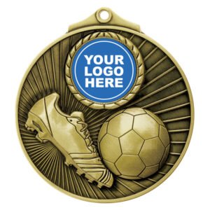 Gold soccer medal with boot, ball, radial background design, and centre logo insert.